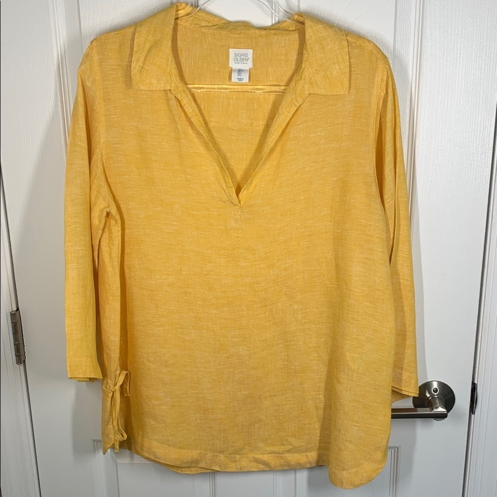 Sigrid Olsen yellow linen tunic top with collar and side ties size large